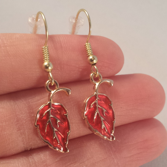 Gold Red Leaf Earrings Hypoallergenic Hooks! - Picture 2 of 2